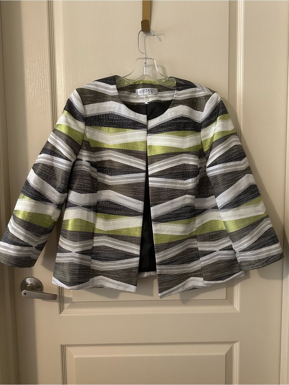 Kasper Lime Green, Black & White Striped Open-Front Jacket